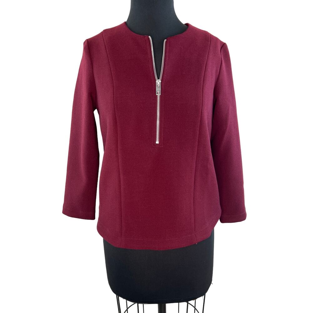 FRNCH Burgundy 3/4 Zip Long Sleeve Crewneck Women's Blouse Top Size S